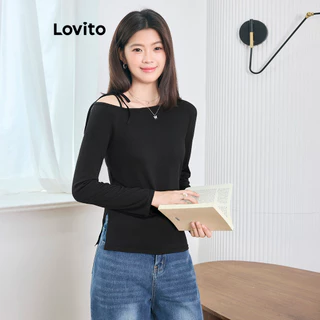 Lovito Camiseta casual lisa com cadarço e fenda para mulheres L102AD140