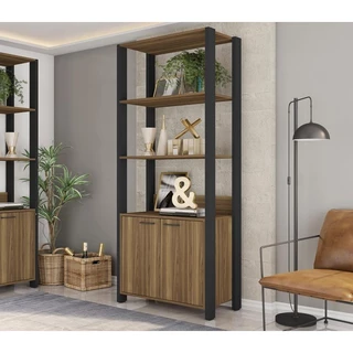 Estante Moderna Para Livros Decorativo Multiuso Premium Organizadora Estilo Industrial Sky 2 Portas Cor Mel
