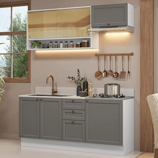 Armário de Cozinha Completa 180 cm Branco/Cinza Vik Madesa 05 em Oferta na Shopee