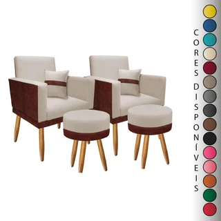 Kit 02 Poltronas para Sala Lis com Almofada e 02 Puff Redondo Corino Peroba e Suede Aninha Decor