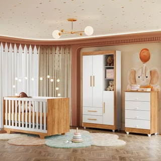 Quarto de Bebê Completo 100% MDF Cômoda Berço e Guarda Roupa Nina Branco/Amadeirado em Oferta na Shopee