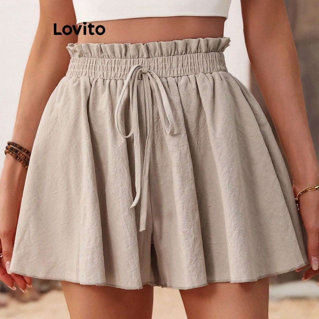 Lovito Short casual liso com renda e alface para mulheres LNL70263