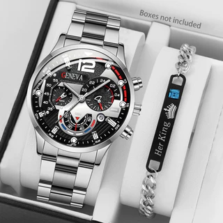 2 Pcs Relógio De Moda Masculino De Negócios Aço Inoxidável Com Calendário De Ponteiros De Quartzo Pulseira