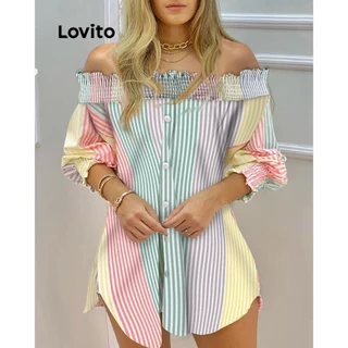 Lovito Blusa feminina casual com listras arco-íris e botões geométricos LNL72529