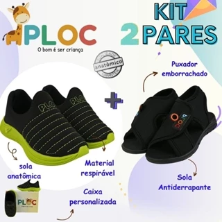 Kit 2 Pares: Calce Fácil Colors Preto Sola Verde  + Papete Menino Ploc Pap03 em Oferta na Shopee