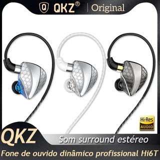 QKZ-Hi6T Auscultadores HiFi, Driver Dinâmico, Auscultadores IEM Stereo Surround Música, Hi-Res com Microfone, In-Ear, Desporto, Monitor de Jogo, Fones de Ouvido, AK6