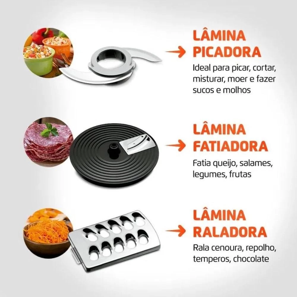 Conjunto de lâminas do multiprocessador Mondial para picar, fatiar e ralar com exemplos de alimentos