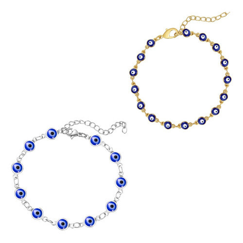 Pulseira Feminina Olho Grego Azul Prateado Dourado 19 Cm