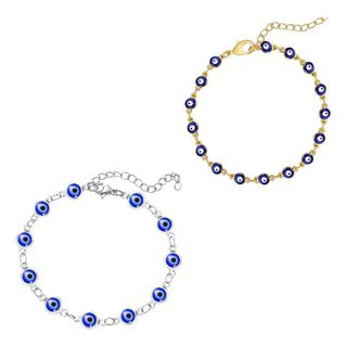 Pulseira Feminina Olho Grego Azul Prateado Dourado 19 Cm