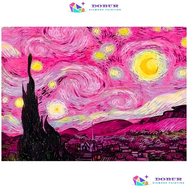 Dobur Conjunto De Pintura Com Diamante Pink Starry Sky Van Gogh 5d Diy Roundsquare Tela De 1449