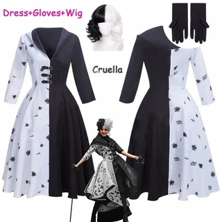Cruella De Vil Cosplay Fantasia 2 Estilos Vestido Feminino De Camareira Preto Branco Com Luvas Saia Capuz Perucas Festa De Halloween
