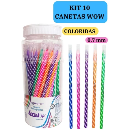 Kit 10 Canetas Esferográficas Wow 0.7mm Coloridas Branco Escolar Escritório Leo Leo