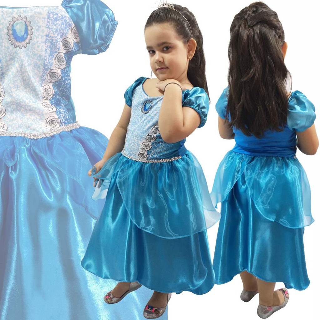 Fantasia Cinderela Vestido Princesa Azul Infantil Festa