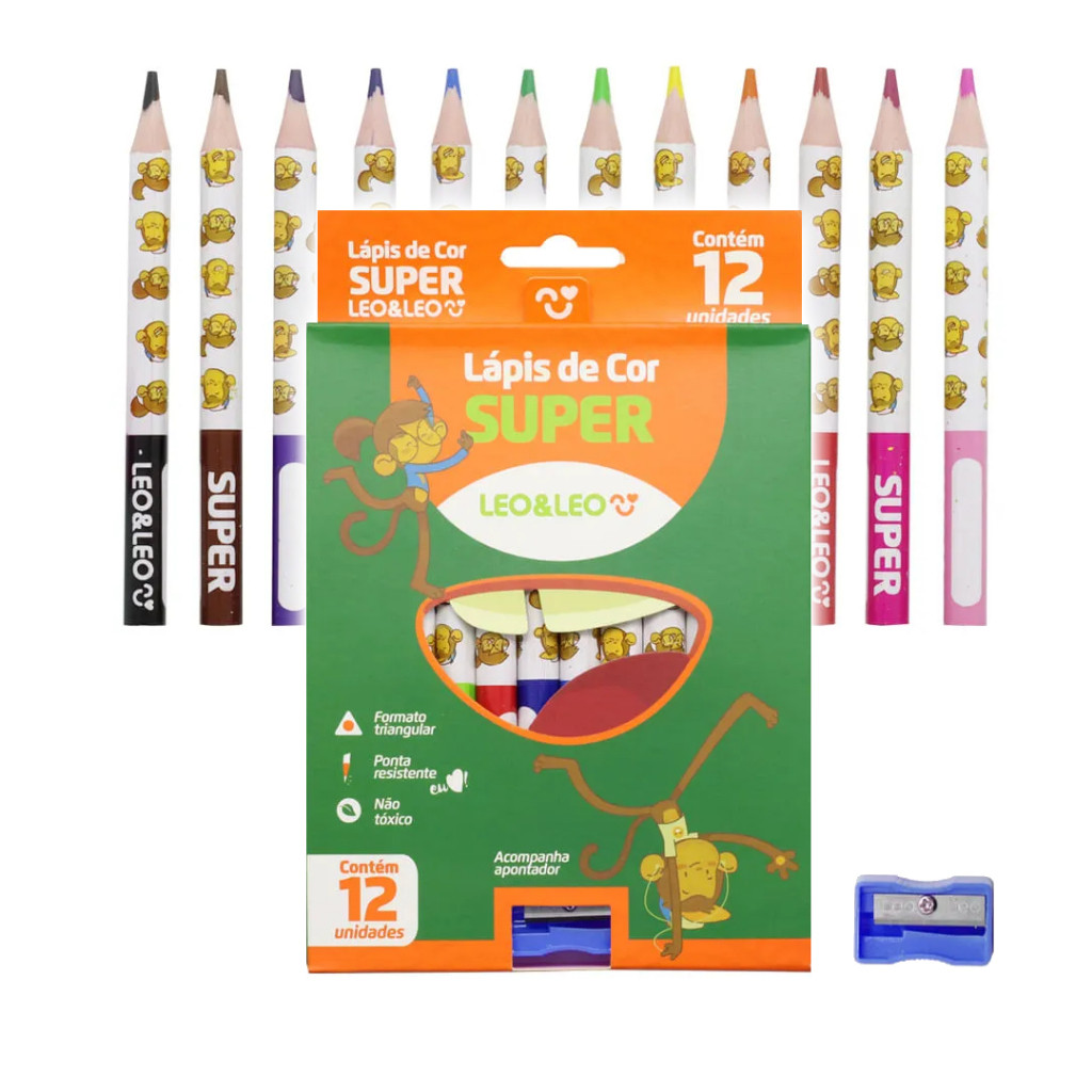 Lápis De Cor Grosso Triangular Jumbo 12 Cores + Apontador Super Leo ...