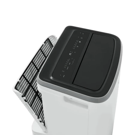 Detalhe da parte superior do aparelho com o filtro de ar parcialmente removido para manutenção
