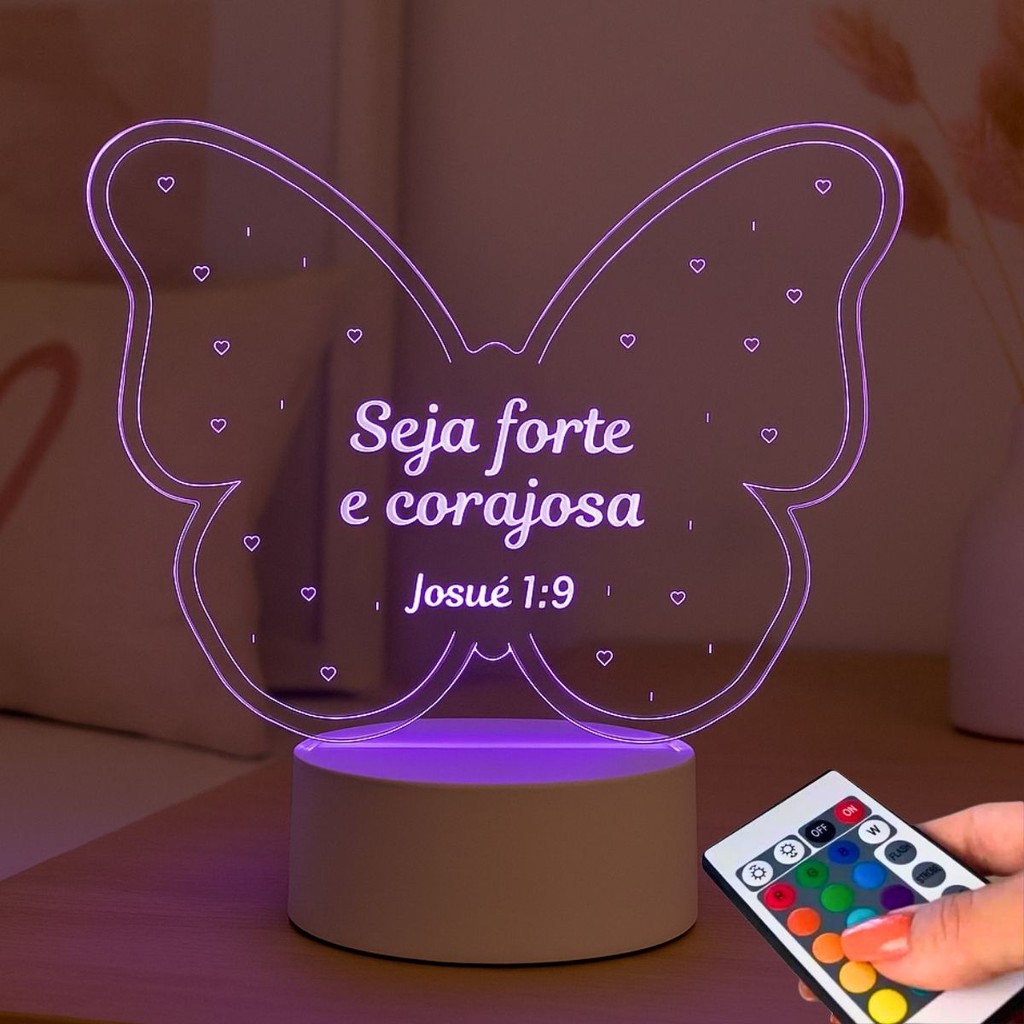 Abajur Seja Forte E Corajosa Presente Para Menina Luminária Borboleta Evangelica Decoração Quarto