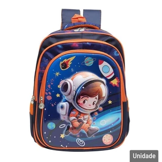 Mochila Escolar Infantil 41cm 3D Astronauta Tings Menino Bolsos Laterais 3 Compartimentos Ziper PVC