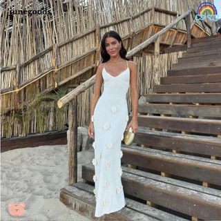 JUNEGOODS Vestido Sem Costas , Vestidos De Praia Mangas , Longo Com Pescoço Em V Profundo 2024 Verão