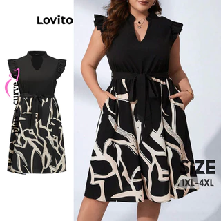Lovito Vestido plus size curvo casual geométrico com babado em tecido com costura para mulheres LBL14563