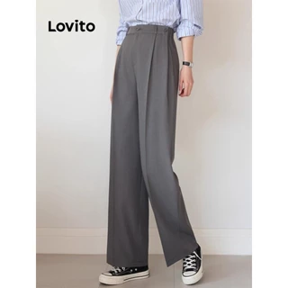 Lovito Calça casual plissada lisa para mulheres LNE73276