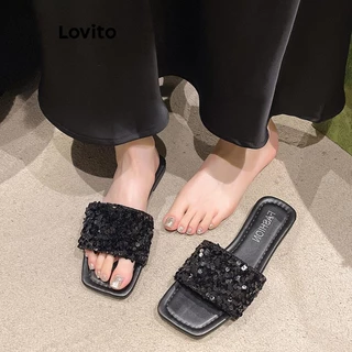 Lovito Sandálias planas antiderrapantes casuais de lantejoulas lisas para mulheres LFA45250