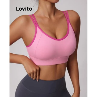 Lovito Sutiã esportivo esportivo liso com encadernação em cor sólida para mulheres LNL77164