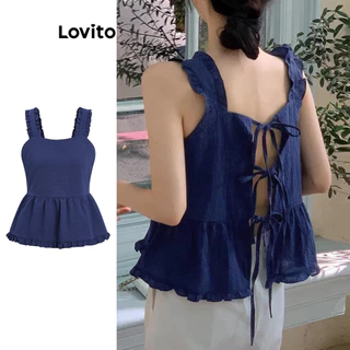 Lovito Regata feminina casual com babados e bainha com amarração nas costas L96MD168