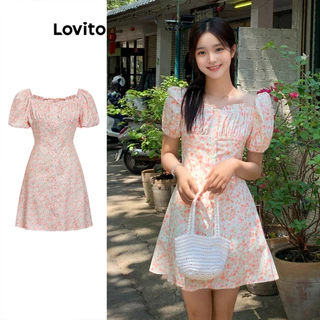 Lovito Vestido casual com babados florais e cinto de ombro frio para mulheres L100MD475