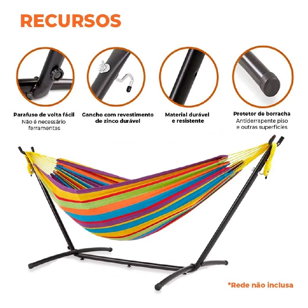 Suporte De Rede Descanso 2,70m Até 250kg Reforçado Com Ganchos