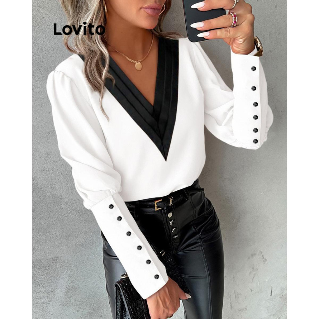 Lovito Blusa elegante lisa com botões colorblock para mulheres LNL60159