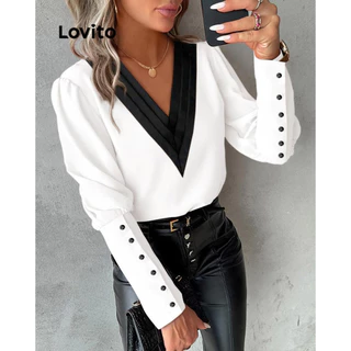 Lovito Blusa elegante lisa com botões colorblock para mulheres LNL60159