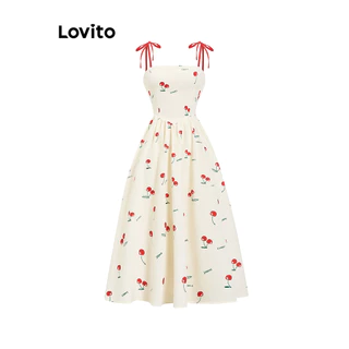 Lovito Casual &Fruit&Vegetable Lace Up Bow Texturizado Tecido Vestido para Mulheres 102AD488