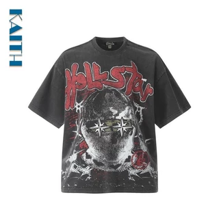 # T30 Mais Tamanho Gráfico Tee Couple Crewneck Streetwear Coreano Algodão Grafite Máscara Avatar Star Pattern Desenho À Mão Carta Vermelha Impressão Vintage Popular Unisexo Camisetas Para Homens