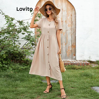 Lovito Vestido casual simples com botões na frente e estrutura de linha para mulheres LBL17404