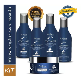 KIT SOS CAUTERIZAÇÃO HIDRATAÇÃO E RECONSTRUÇÃO COCOANUT COMPLETO 5 PRODUTOS 300ML ANJORE