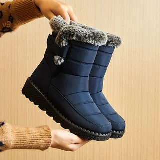 Impermeável Inverno Botas Para As Mulheres 2024 Nova Pele Longa Neve Plataforma Mulher Tornozelo Algodão Casais Sapatos N9F3