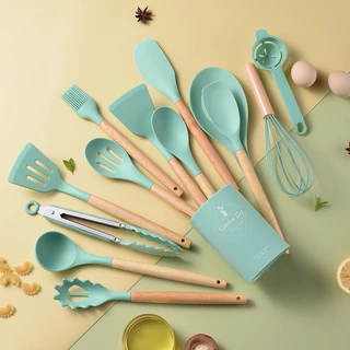 Jogo de Cozinha Kit C/12 Peças de Silicone, Utensílios e Copo Suporte para Cozinha Cabo de Madeira