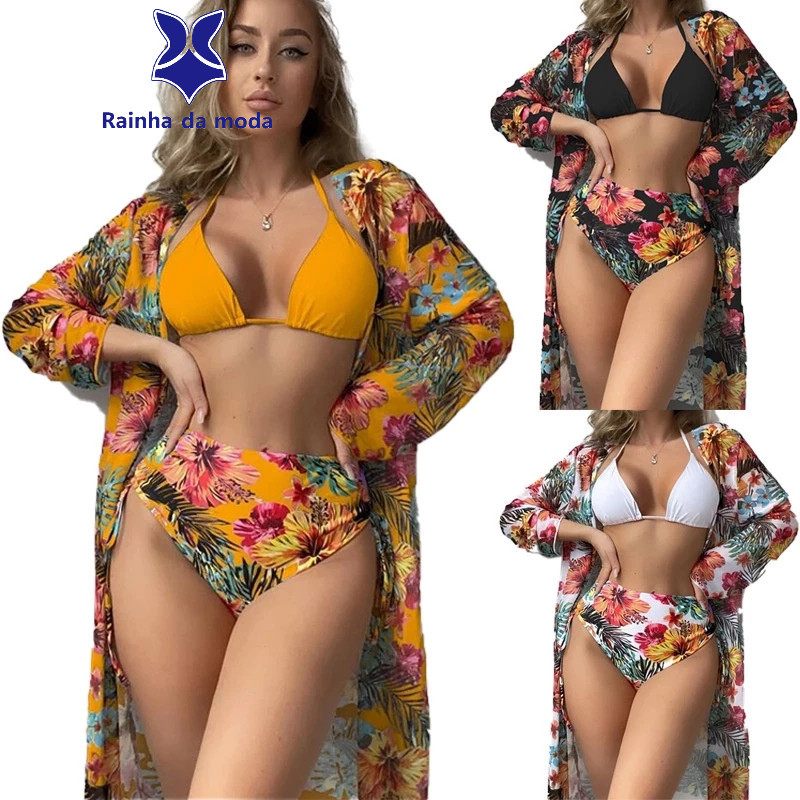 Biquíni De Três Peças Fato De Banho Impresso Feminino/Sexy Slimmer Look/Anti-Ultravioleta Protetor Solar Blusa De Praia