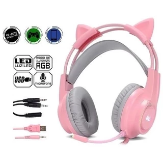 Fone De Ouvido Headset Gamer Gatinho Kp-ga04 Com Fio e Microfone RGB USB P2