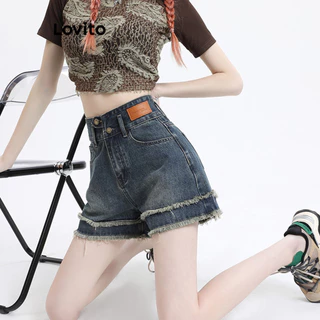 Lovito Short jeans casual com zíper liso para mulheres LNA72929