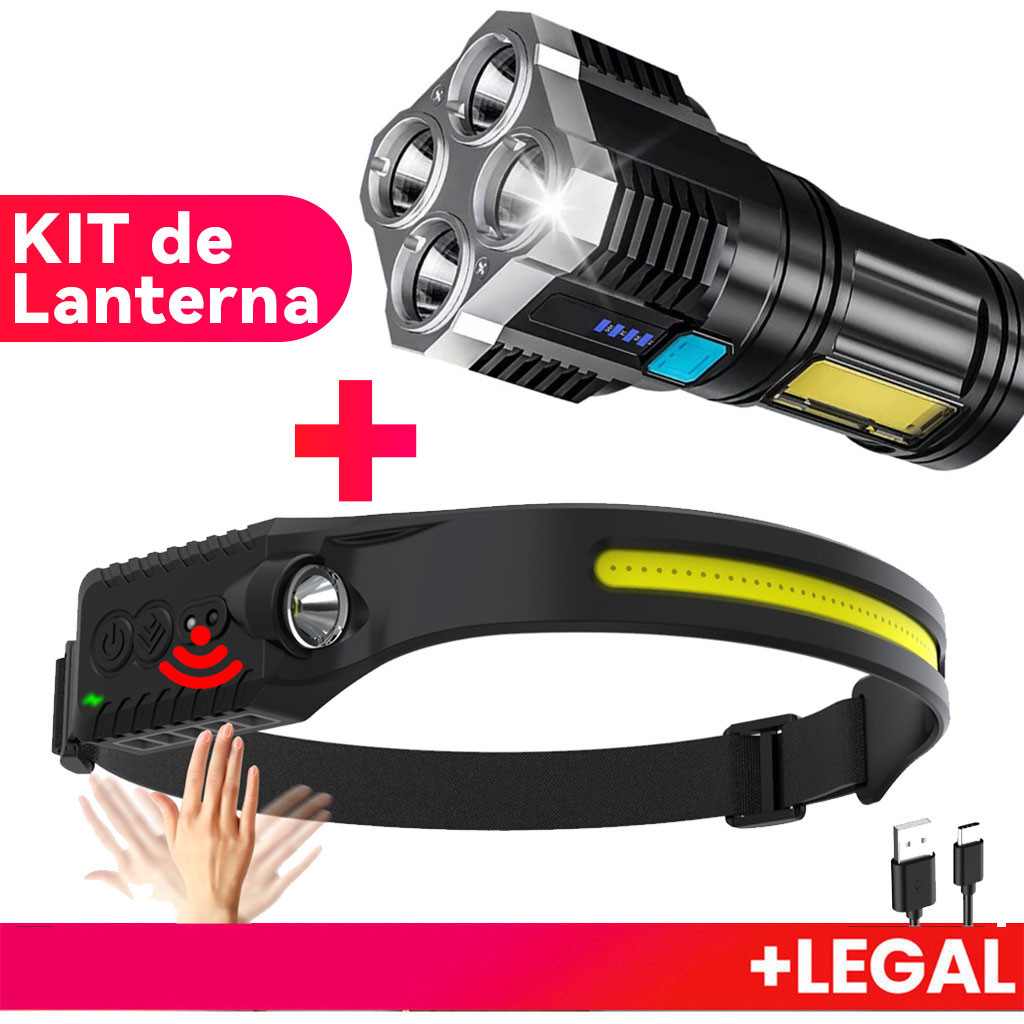 KIT de Lanterna Tatica Recarregavel + Lanterna de Cabeça Led Corpo Motion Camping Torch Light Lamp Com Usb