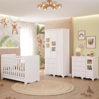 Quarto Bebê Completo com Berço Americano Ben 3Em1 Guarda Roupa 3 Portas e Cômoda 4 Gavetas 100% MDF