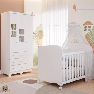 Quarto de Bebê Completo Uli com Guarda Roupa 3 Portas 3 Gavetas e Berço Americano 100% MDF Móveis Peroba