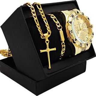 Kit Relógio Masculino Banhado a Ouro 18k Dourado Original Luxo + Colar Aço Banhada+Pulseira