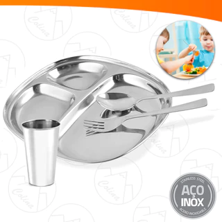 Kit Refeição Infantil Prato Copo Garfo e Colher 4 Peças Aço Inox