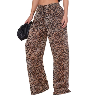 Calça Pantalona Forrada Animal Print Estampa Onça Perna Larga