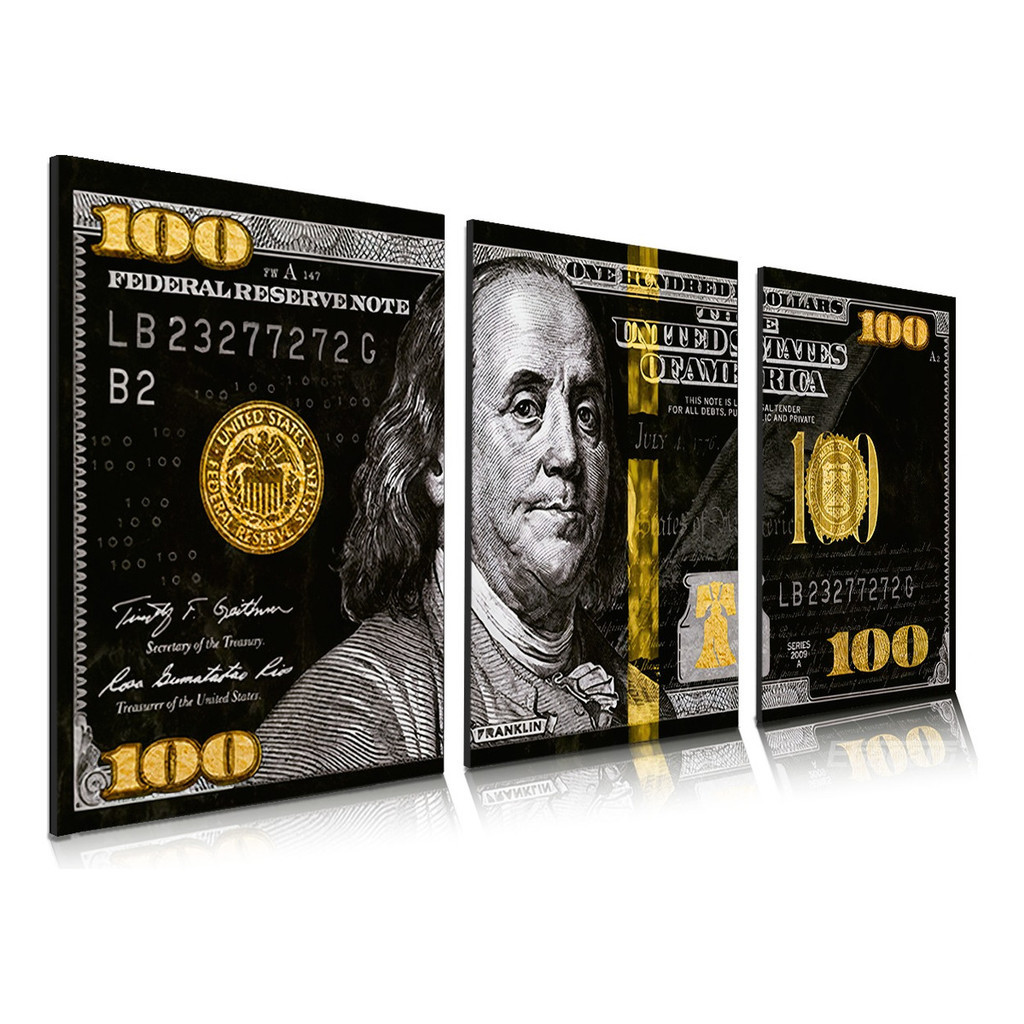 Quadros Decorativos Kit 3 Nota De 100 Dólares Luxo Sala 60x120 Hal Mural De Painel Espesso De 8mm