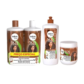 Kit com Ativador de Cachos + Máscara de Hidratação + Shampoo e Condicionador SOS Cachos Coco Salon Line em Oferta na Shopee