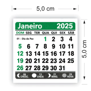 50 Mini blocos para ímã de geladeira - Calendário 2025 5x5cm - impressão VERDE e preto