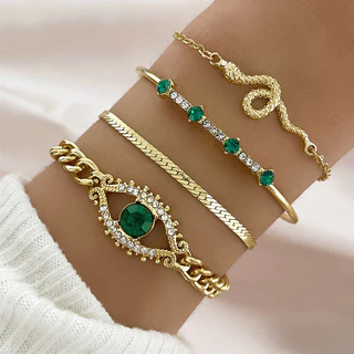 Conjunto de 4 Peças de Pulseiras para Senhoras Cobra de Olho de Rhinestone do Diabo